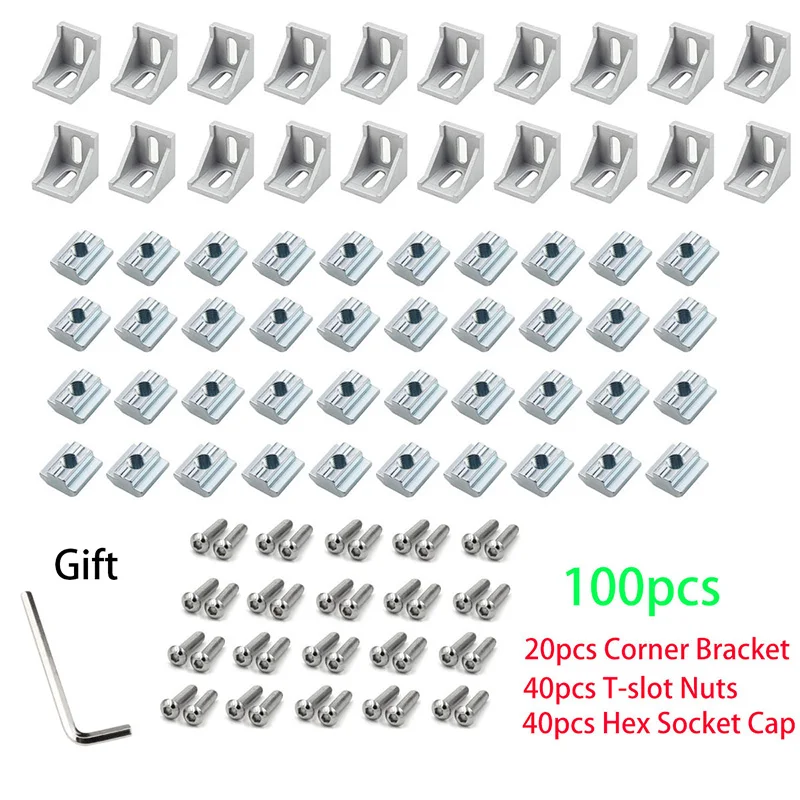 2020 Aluminum Profile Connector Set: 20pcs Corner Bracket + 40pcs 20 Series M5 T-slot Nuts + 40pcs M5x8mm Hex Socket Cap