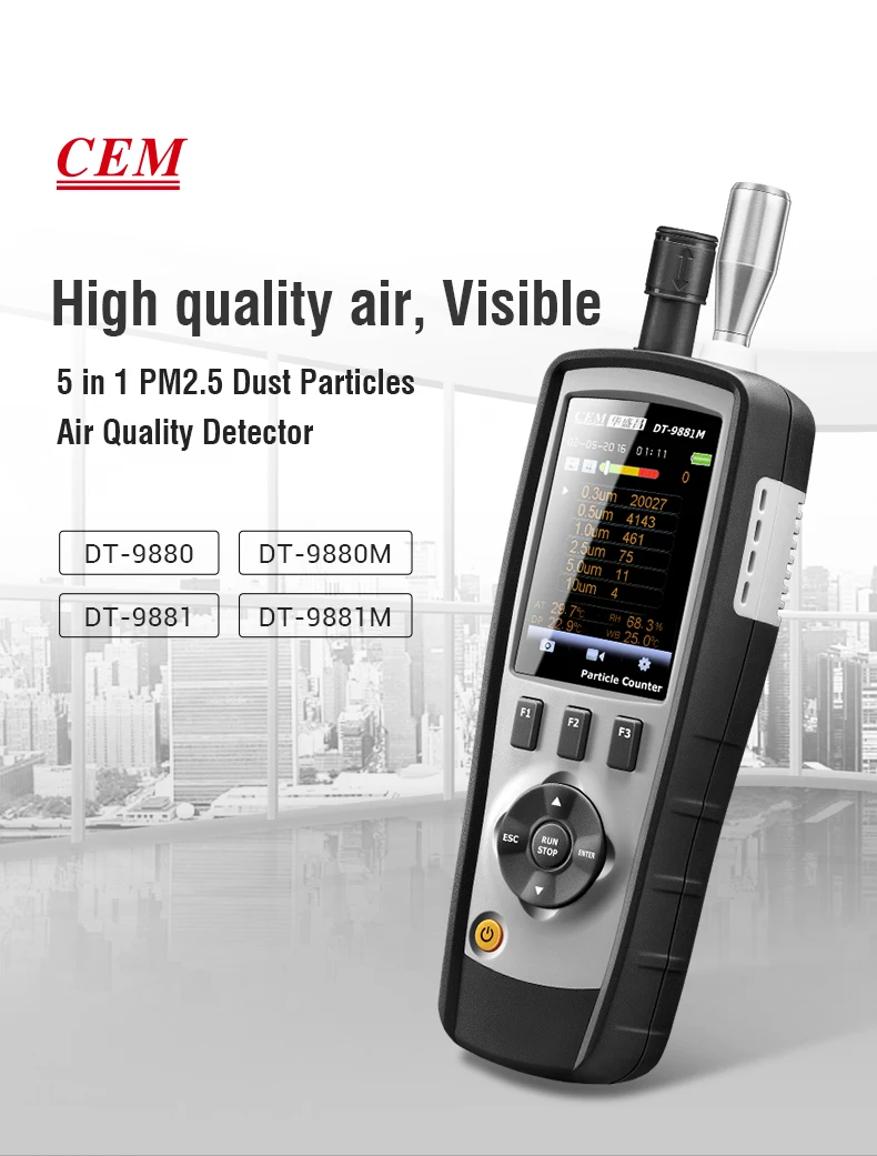 CEM DT-9881M Handheld Cleanroom Particle Counter HCHO CO (PM 0.3,0.5,1.0,2.5,5.0,10μm) Air quality Detector with Camera