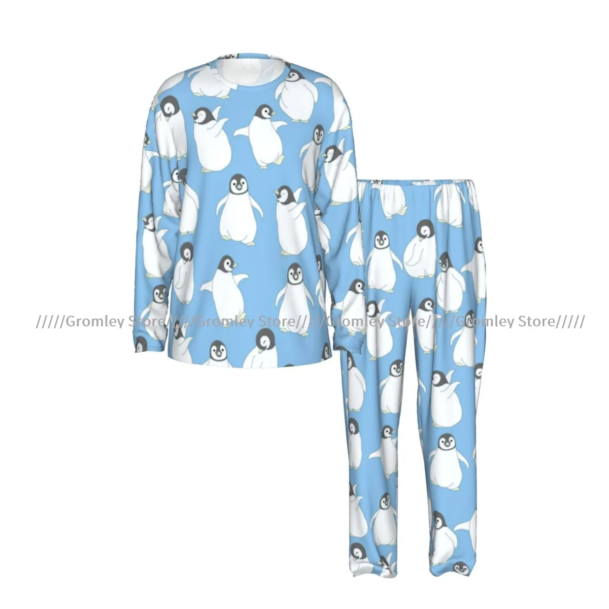 Men's Sleepwear Set Penguin Pattern Long Sleeve Top and Long Pants Pajamas Male Home Loungewear Nightwear