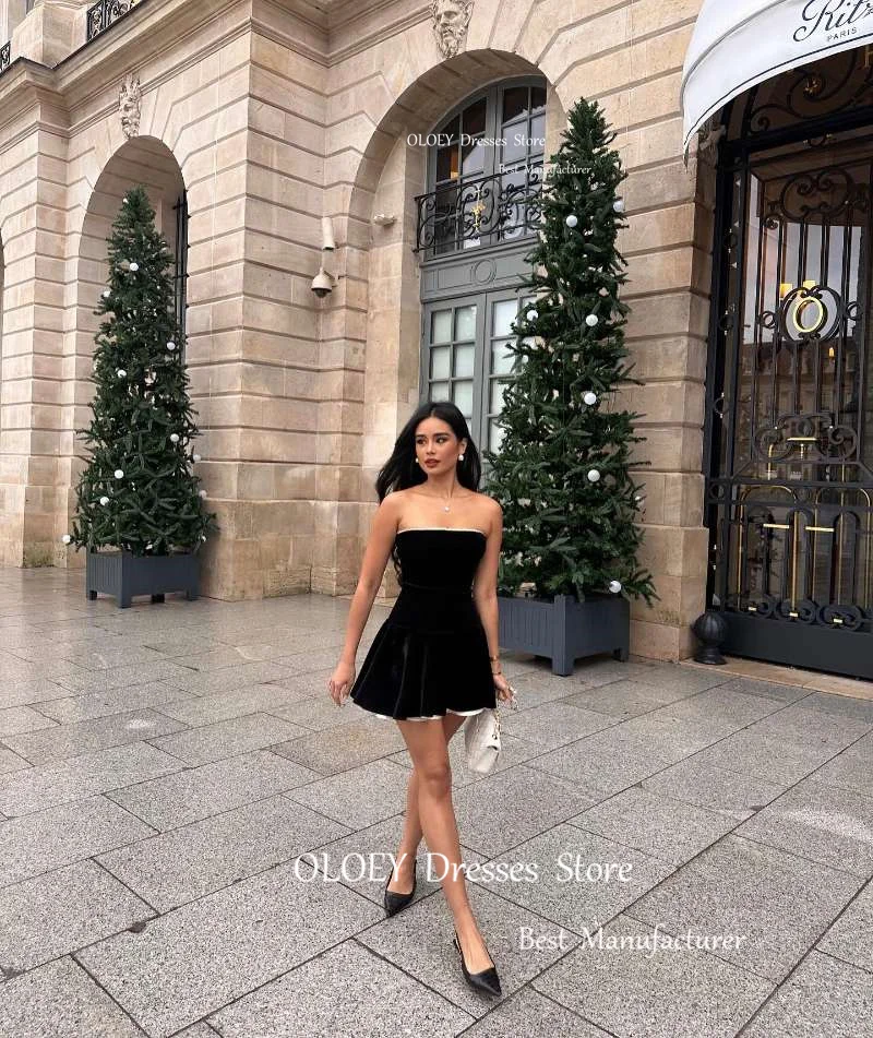 OLOEY Short Black Velvet Party Prom Dresses Mini Strapless Arabic Cocktail Dress Lady Night Event Dress Simple Evening