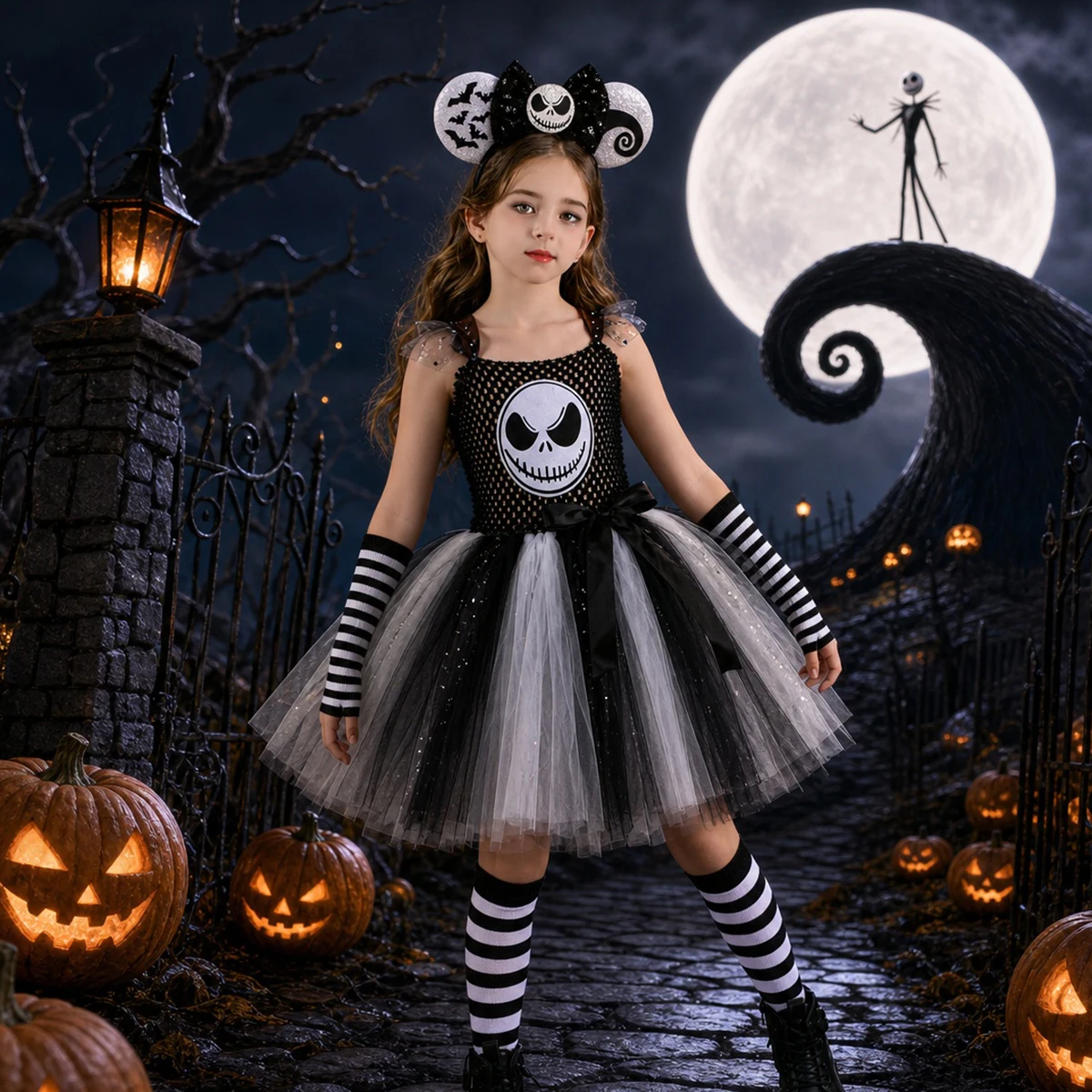 Nightmare Before Christmas Jack Kostüm Mädchen Halloween Skelett-Tutu-Kleid Kinder Cosplay Schwarz-Weiß Geister-Grusel-Outfits – Detail 7