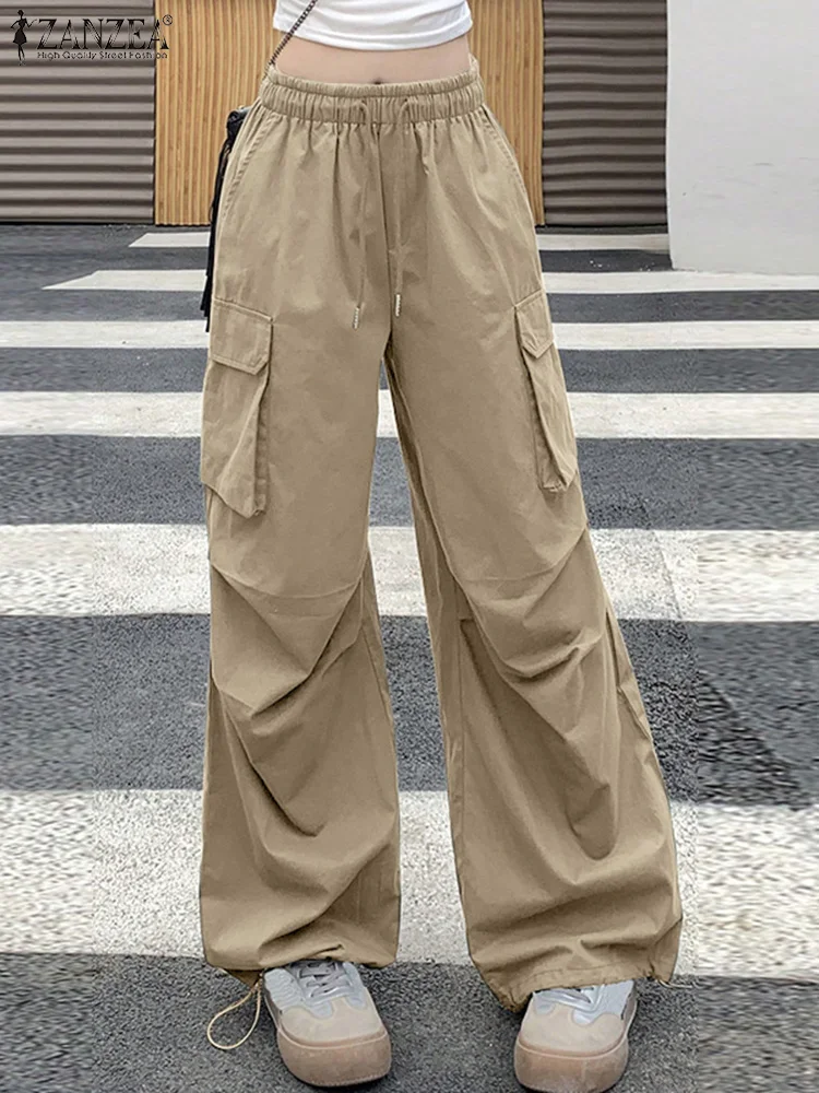 

2025 ZANZEA Elegant High Waist Long Pants Women Fashion Casual Elastic Waist Pantalons Loose Solid Color Cargo Pants Oversized