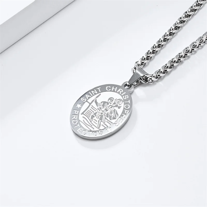 Stainless Steel St.Benedict Virgin Mary Medal Necklace For Men Women St.Christopher Pendant Collar Hombre