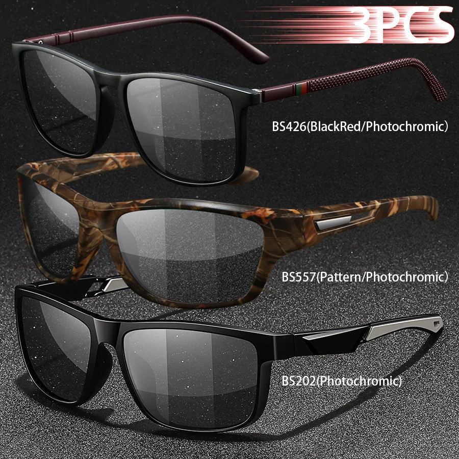 3PCS Photochromic Polarized Sports Vintage Sunglasses Men Women Cycling Driving Mountaineering Chameleon Sun Glasses UV400Eyewer