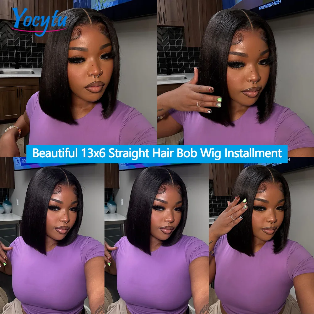 YOCYTU 13x6 Bob Lace Front Perücke Echthaar 12 Zoll Kurze Glatte Bob Frontal Perücken Vorgezupft Transparente Spitzenperücken für Frauen – Detail 5