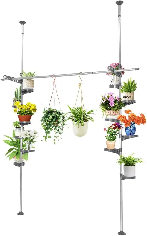 Indoor Plant Pole Stand Double Tension Rods Flower Pot Storage Shelf Holders Floor to Ceiling Display Rack Hanger with 12 Trays,