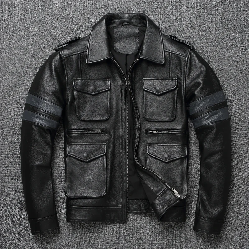 2024 Men's Leather Jacket Black Top Layer Cowhide Coat Vintage Lapel Motorcycle Jacket Classic Men's Leather M65