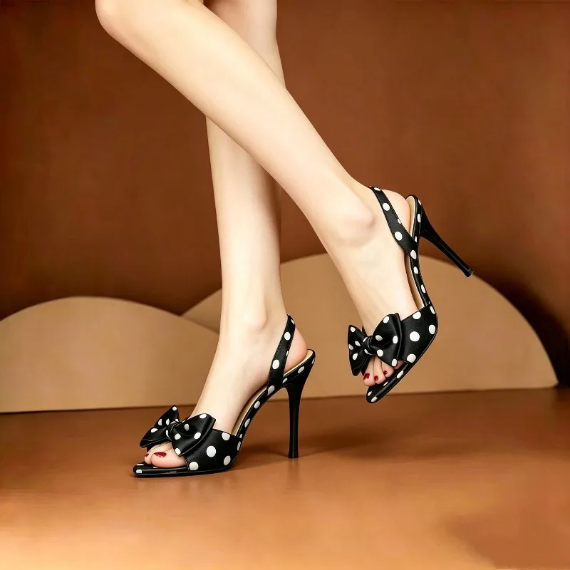 Sandalias de tacón de aguja con lazo de lunares franceses y punta en pico para mujer, a la moda, versátiles y elegantes