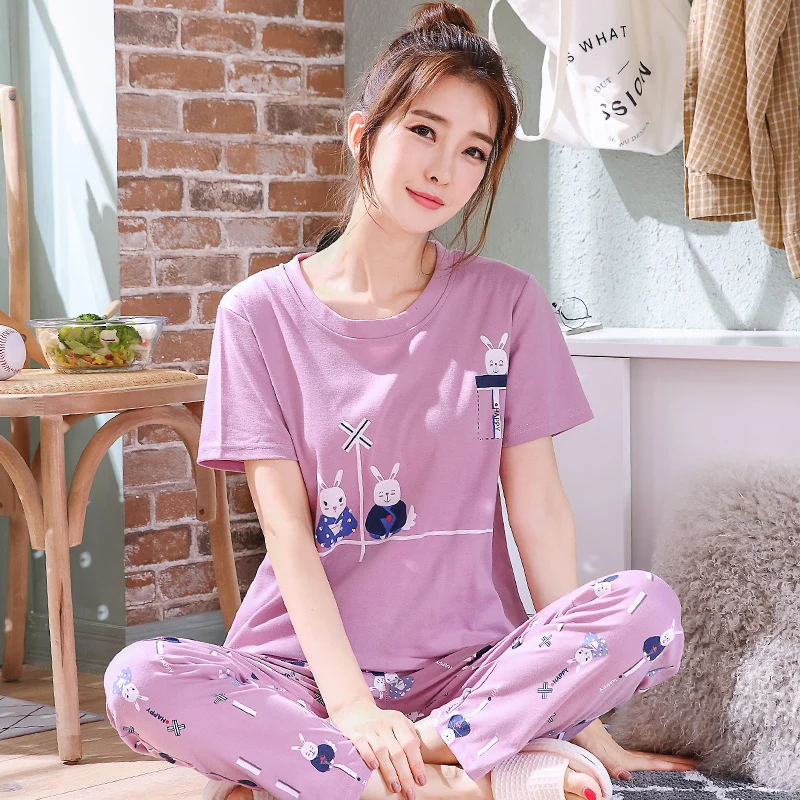 2pcs/set Short T-Shirt trousers pijamas set women\'s Summer sleepwear cotton Sleep tops pants woman pijamas pyjama pour femme