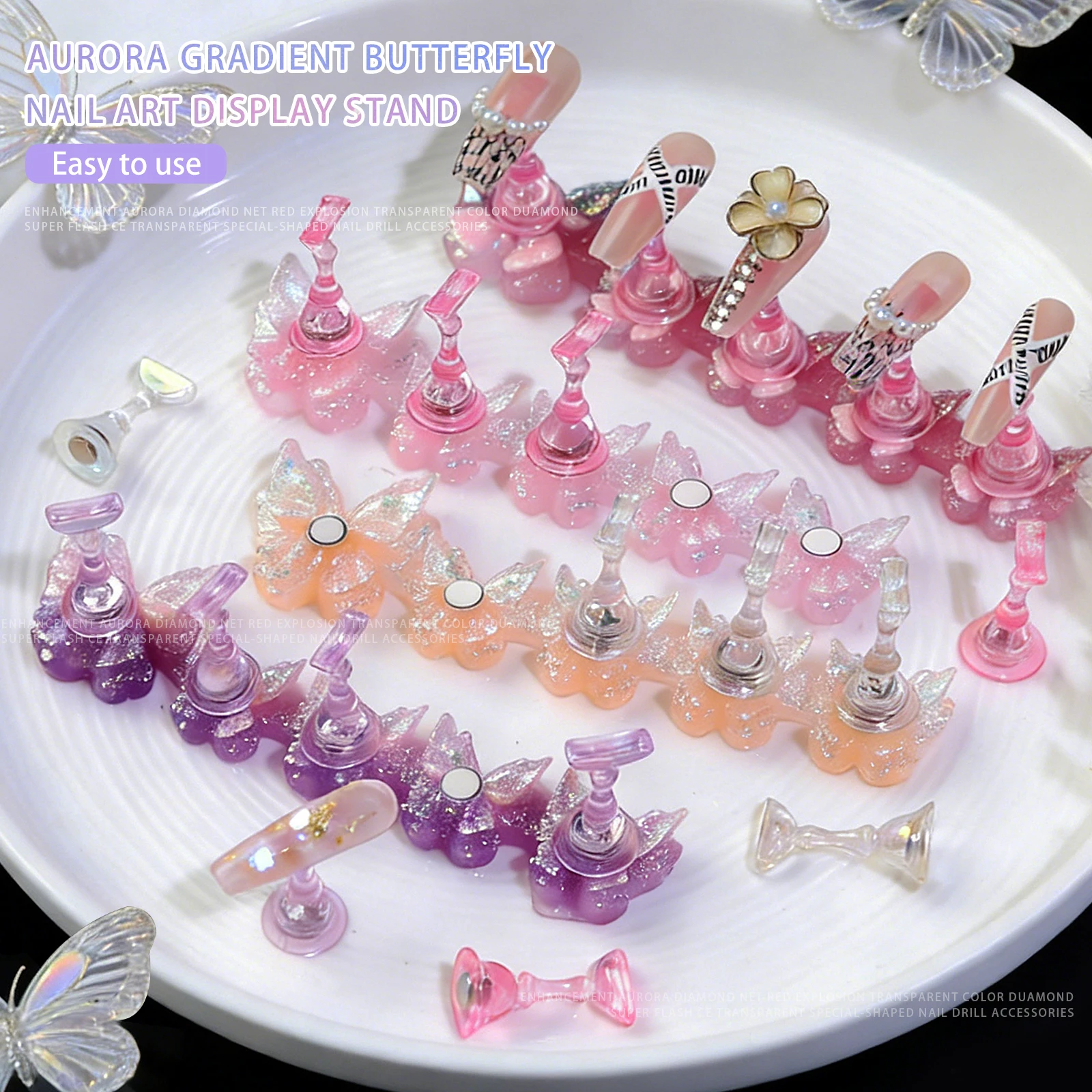 5pcs/set Aurora Gradient Butterfly Nail Stand Magnetic False Nails Holder Press on Nail Display Practice Nail Tools For Novice