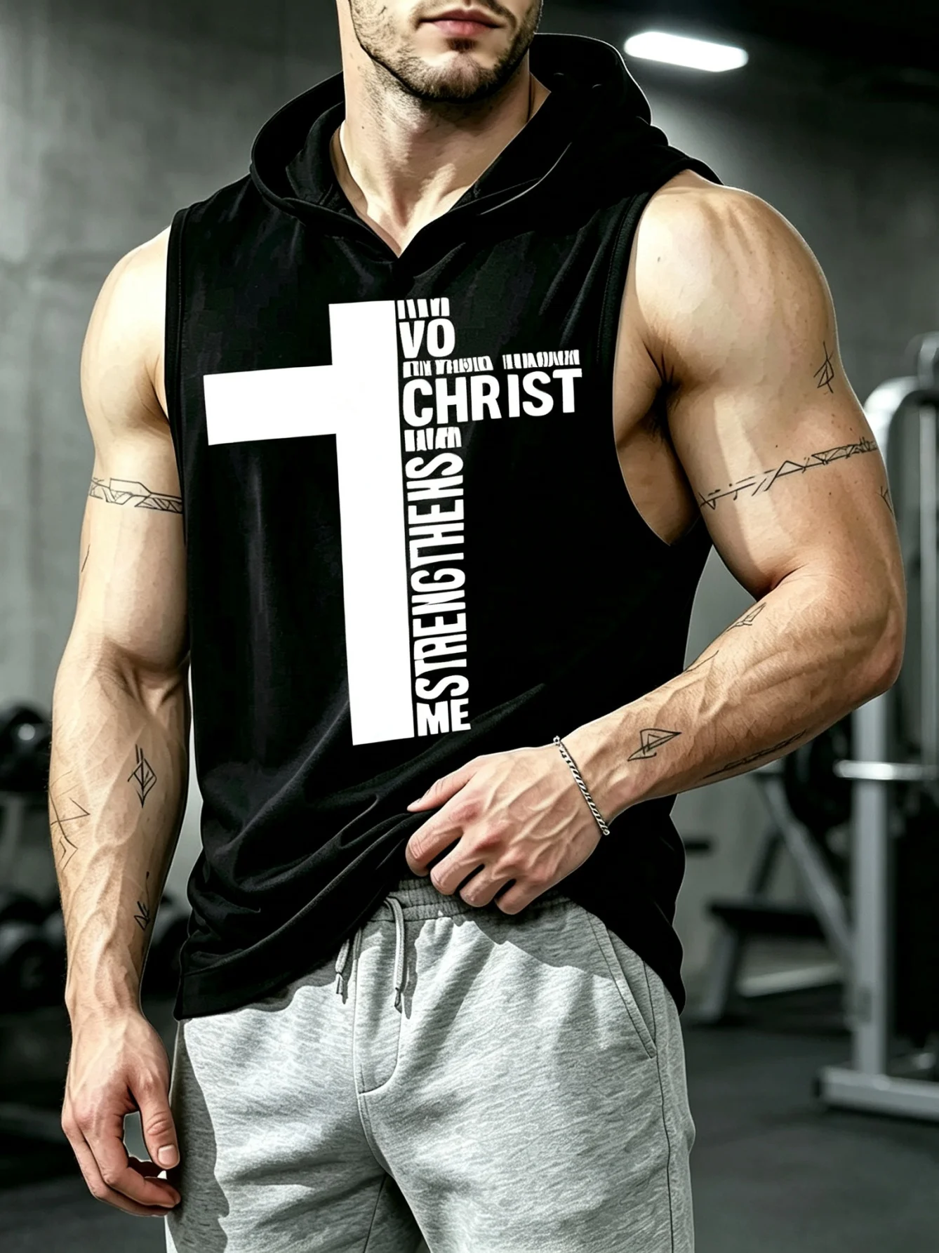 Men Women Unisex Sleeveless Hooded Tank Top Cross I Can Do All Things Through Christ Who Strengthens Me Letter Graphic Print Gym Workout Hoodie Vest Casual Faith Streetwear Couple Matching Fitness Training S