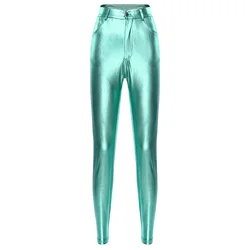 Women Hot Pants Metallic Shiny Skinny Leggings Carnival Rave Party Club Costume Zipper Fly Pockets Pants for Music Festival