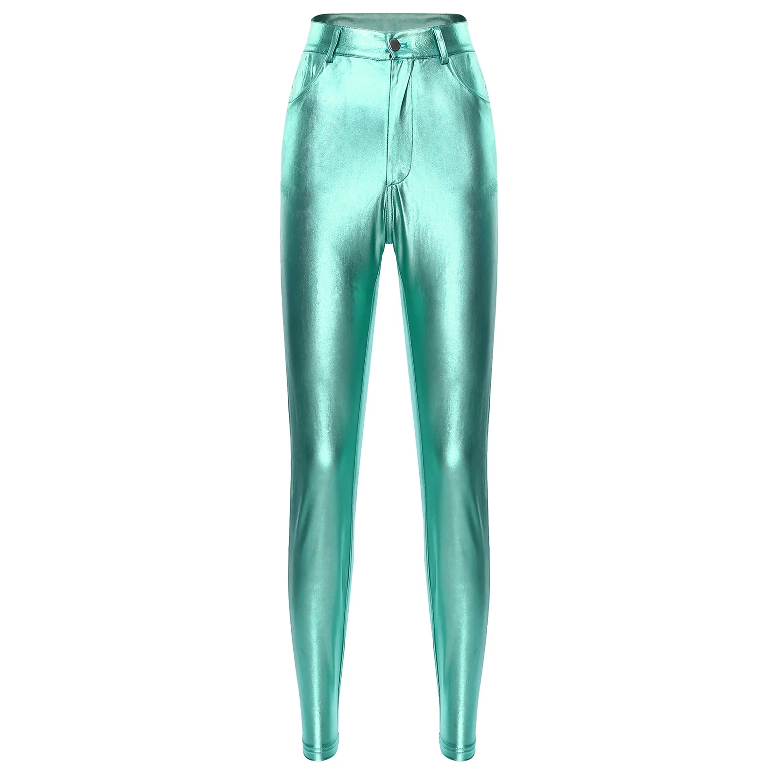 Women Hot Pants Metallic Shiny Skinny Leggings Carnival Rave Party Club Costume Zipper Fly Pockets Pants for Music Festival