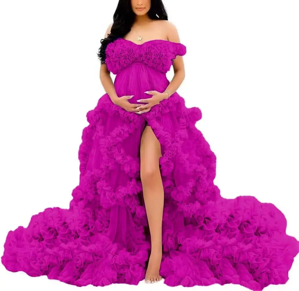 Fotoshoot & babyshower tule zwangerschapsjurk - off-shoulder, puffy ruches, elegante lange jurk voor zwangerschap