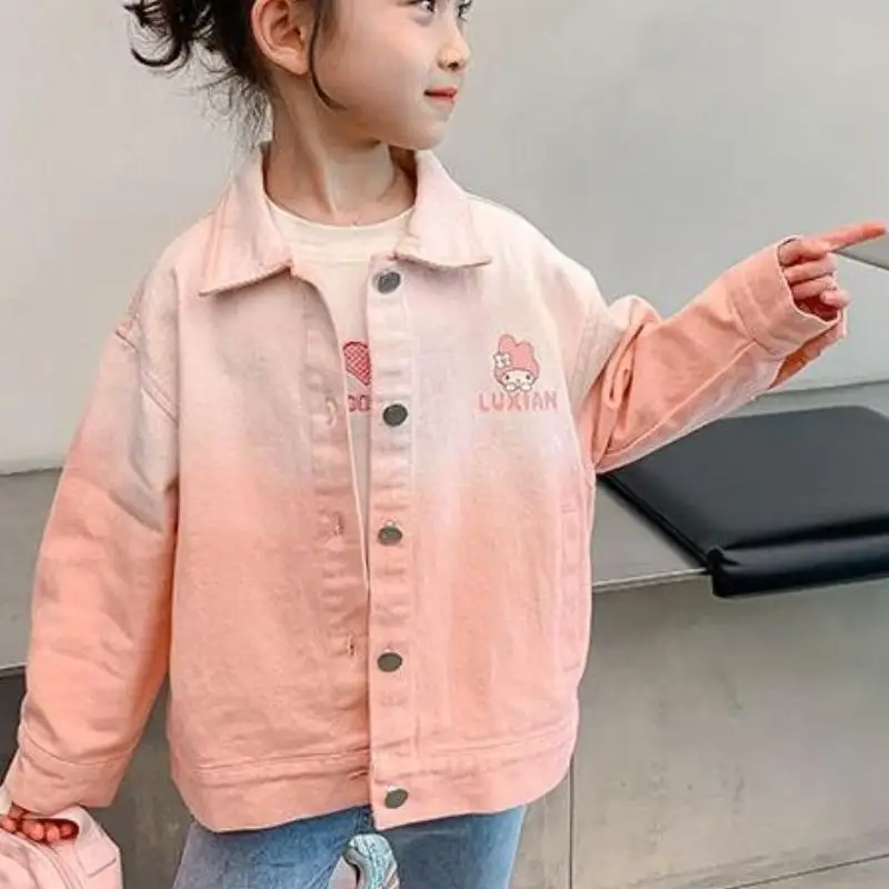 Sanrio Kuromi Kids Lapel Denim Jacket Anime My Melody Soft Comfort Coat Cartoon Cute Outdoor Leisure Cardigan Kawaii Girl Gift