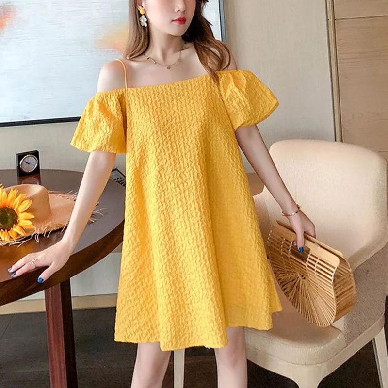 

Sweet Slash Neck Solid Color Loose Shirring Puff Sleeve Mini Dress Female Clothing 2023 Summer New Oversized Korean Sexy Dress