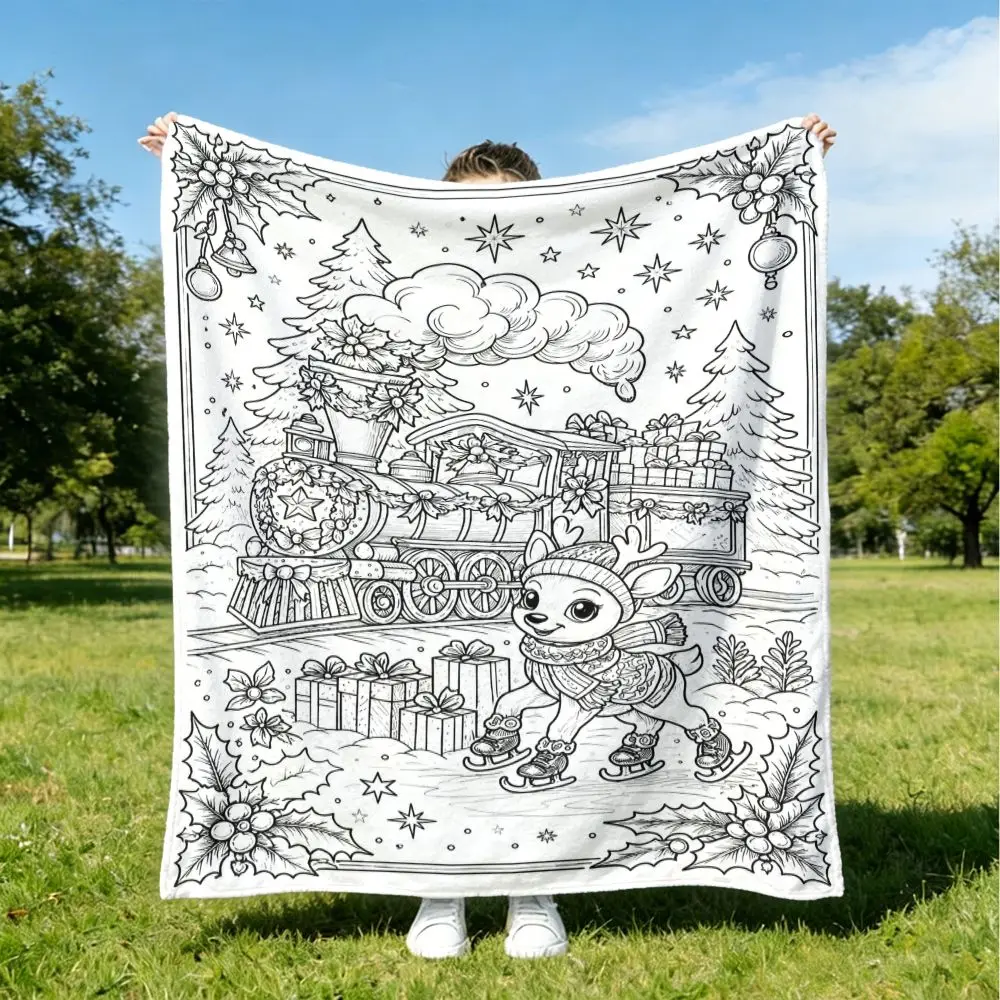 1pc Christmas‑Train‑Reindeer Sketch‑Print Throw Blanket, Sofa Decor, Skin‑Friendly DIY Coloring Gift for Adults