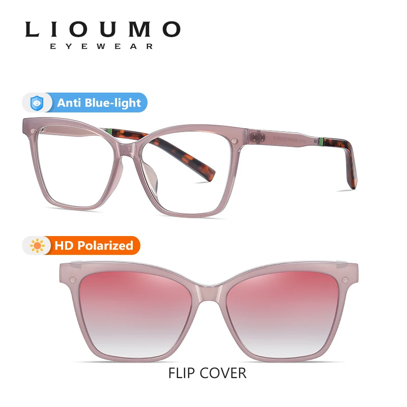 

LIOUMO 2 In 1 Flips Up Sunglasses Polarized Women Fashion Blue Light Blocking Optical Eyeglasses Magnet Clip On Glasses UV400