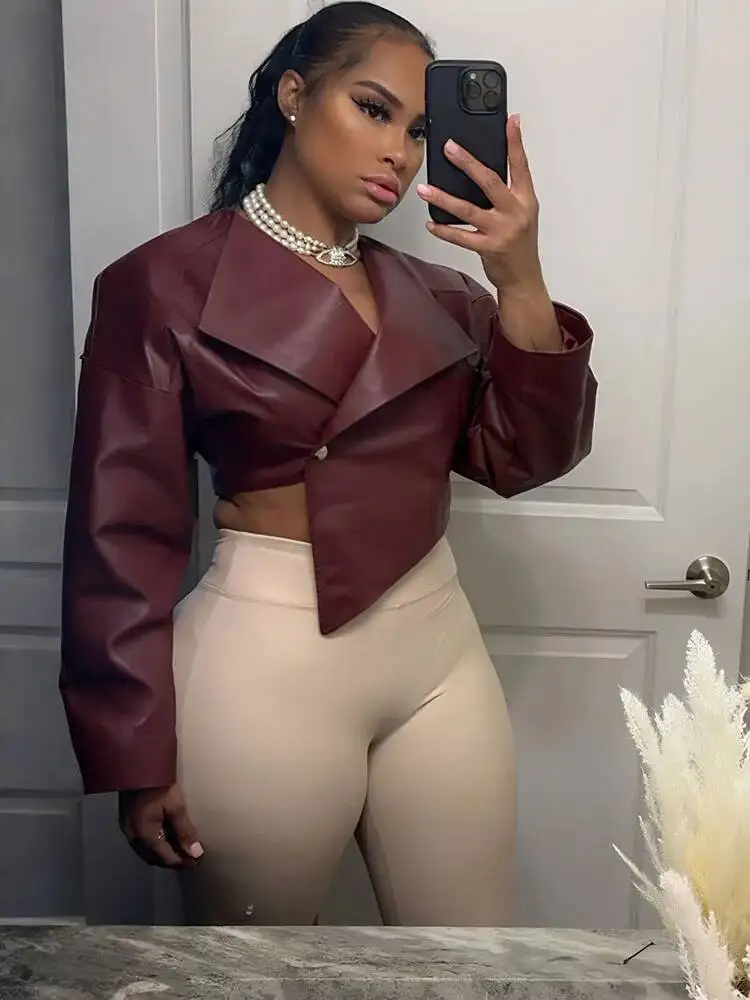 Classic Hipster Crop Jacket Women Irregular Single Buckle Button Faux Leather Autumn Wild Sexy Basic Cross Neck Coat