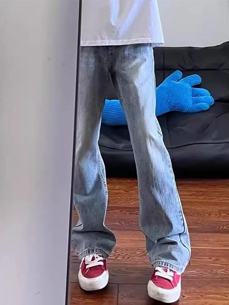 

Светло-голубые джинсы Bell Bot для мужчин, в американском стиле, приталенные, длинные, прямые, из теплого денима, зимние, с прямыми штанинами