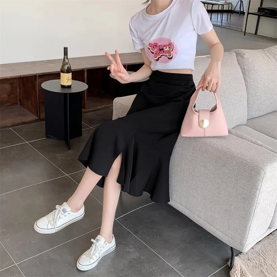 

【HOT】Medium and long fishtail skirt spring new style large size pear shaped high waist slimming black fashionable all-match a-l