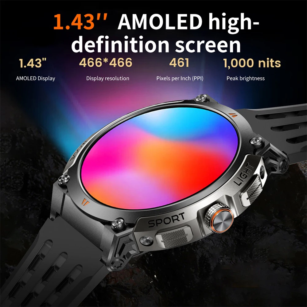 696 AMOLED شاشة الرياضة في الهواء الطلق GPS البوصلة ساعة ذكية بلوتوث دعوة معدل ضربات القلب مراقبة النوم مقاوم للماء الموسيقى Smartwatch
