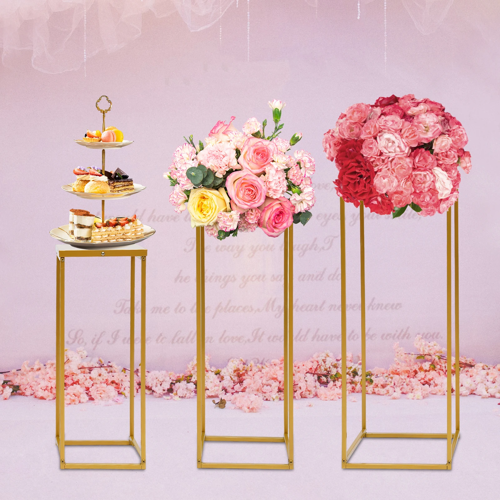 Gold Set of 3 Metal Stand Wedding Decoration Gold Road Lead Flower  Wedding Supply Plant High Square Rack Flower Holder