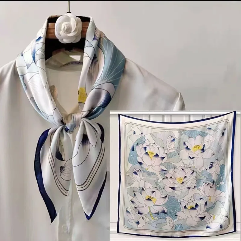 Bufanda cuadrada con patrón de loto de 68cm para mujer, gorros versátiles con estampado de plantas de seda simulada, ropa y accesorios, bufanda cuadrada