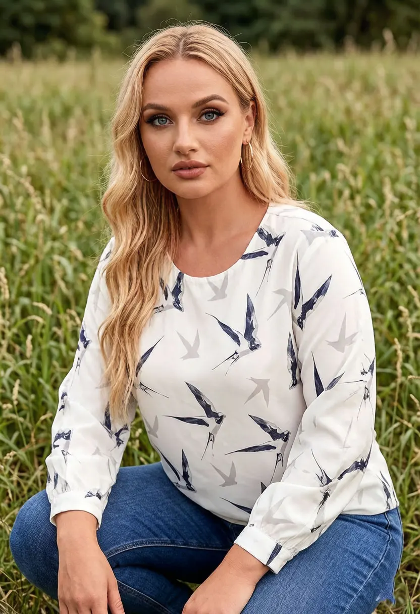 Women Bird Print Blouse Chiffon Top 3/4 Sleeve Crew Neck Casual Loose Fit Summer Shirt view 4