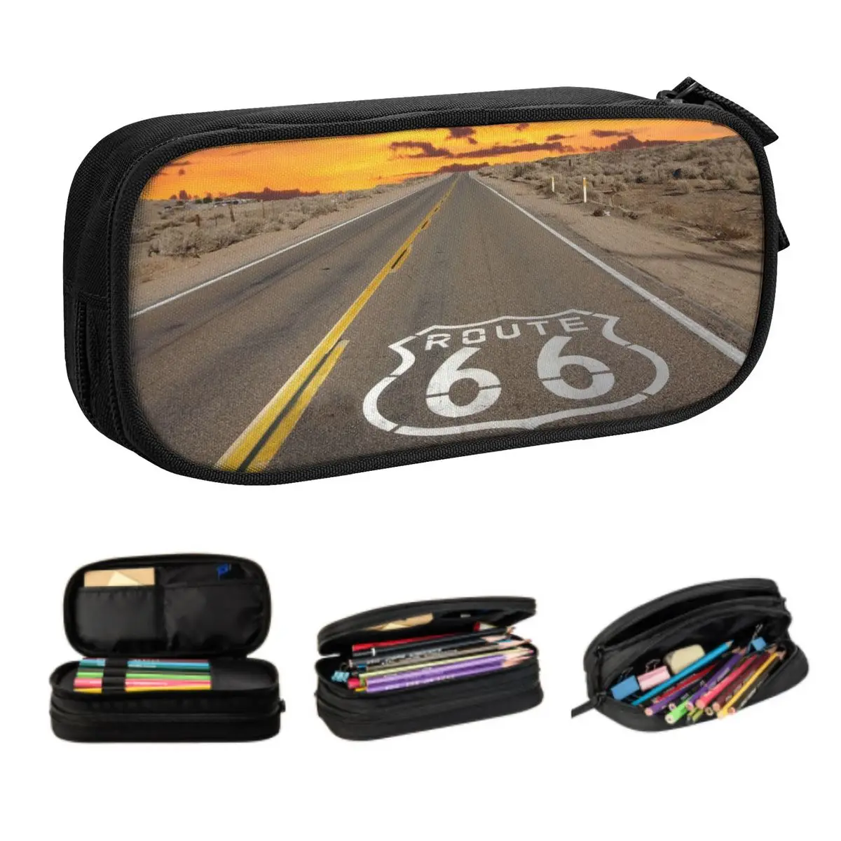 Customized Route 66 Cute Pencil Case Boy Girl Large Capacity USA Highways Pencil Bag Students Stationery