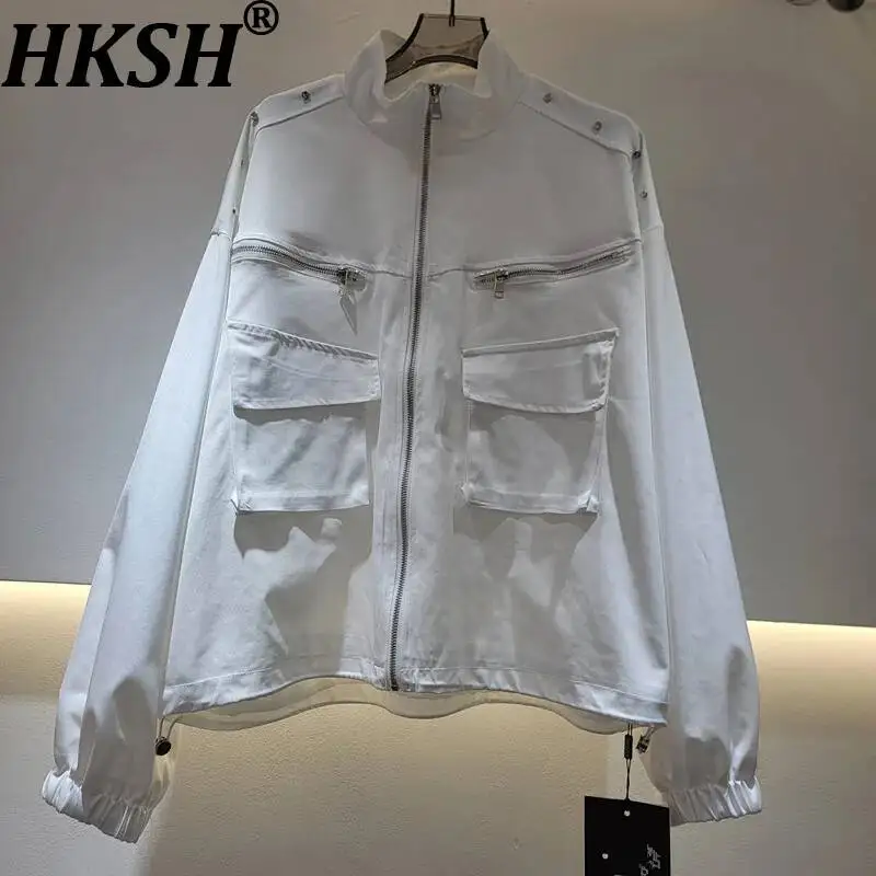 HKSH Women Jacket Safari Style Heavy Multi-pocket Rivet Decoration Zipper Stand Collar Loose Casual Solid Color Ins Coat HK25874