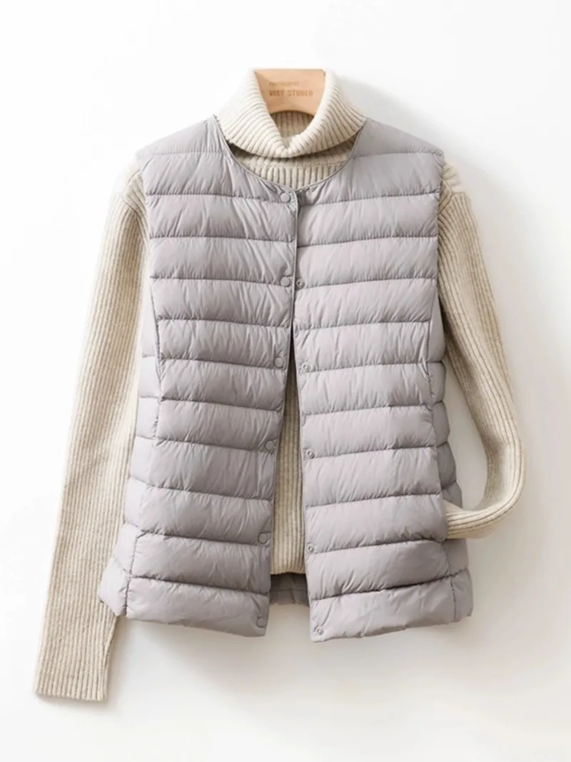 Doublure en duvet sans col pour femme, col en V en émail, veste chaude légère, gilet à col rond, automne et hiver, nouveau