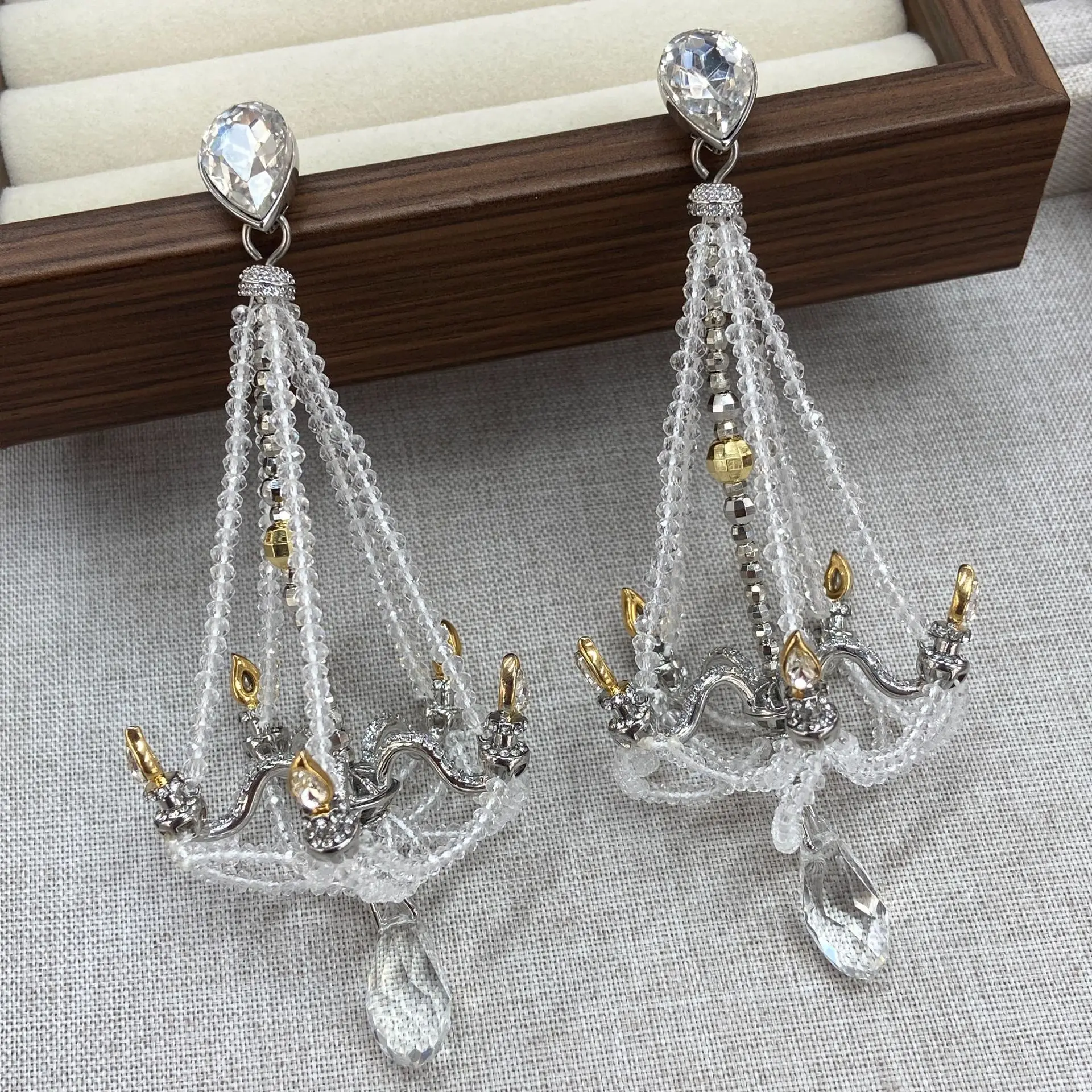 Light Luxury Water‑Drop Zircon Chandelier Earrings Handmade Beaded Tassel Long Dangle Earrings Bridal Wedding Dress Accessories