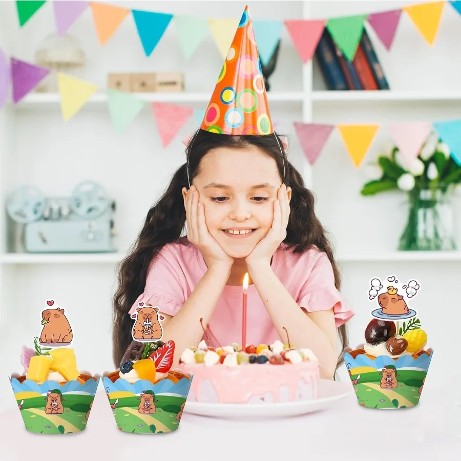 Juego de adornos y revestimientos para tarta de capibara, decoraciones de cumpleaños de capibara, fiesta de cumpleaños para Baby Shower, decoración festiva para fiesta de capivaras