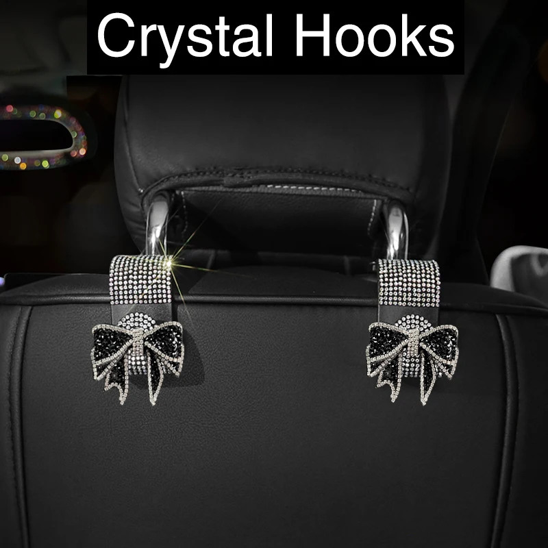 1/2Pcs Car Headrest Hooks Hanger for Bags Cute Bow Rhinestone Seat Back Organizer Holder Clips Auto Fastener Interior Accessory