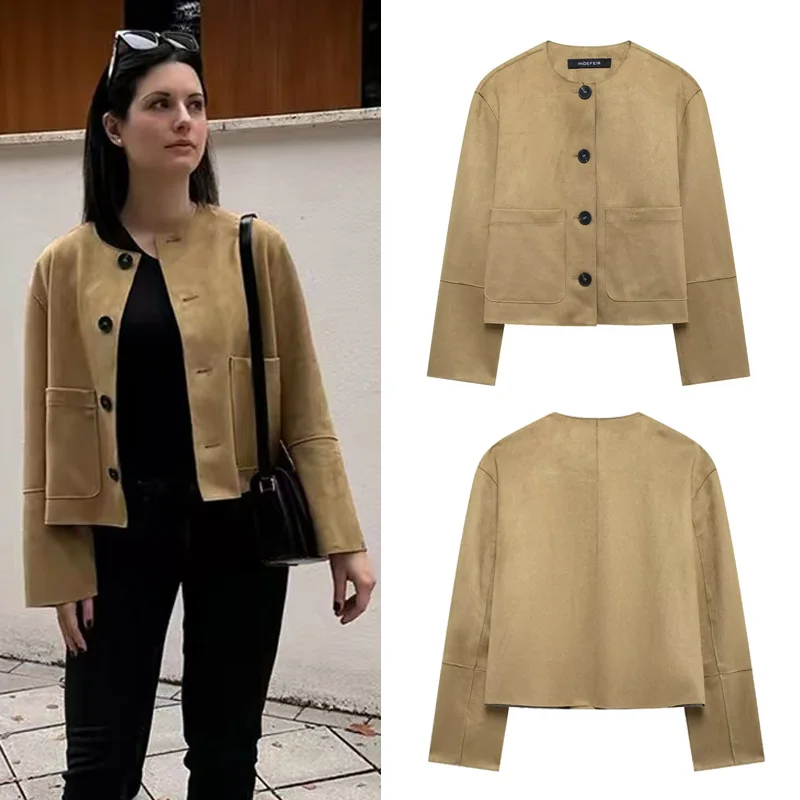 

HXAO Women's Jacket Autumn Crop Suede Jacket Outerwears Winter Button New In Coats & Jackets Long Sleeve Coat Demi-Season Jacket