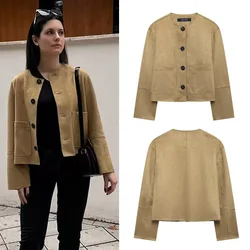 HXAO Women's Jacket Autumn Crop Suede Jacket Outerwears Winter Button New In Coats & Jackets Long Sleeve Coat Demi-Season Jacket
