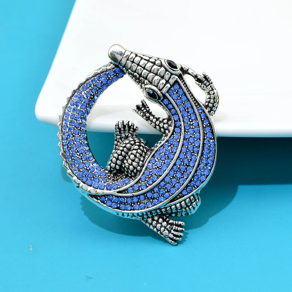 New Fashion Retro Rhinestone Inlaid Crocodile Brooch Personality Exaggerated Color Crystal Animal Pins Men Suit Coat Accessories