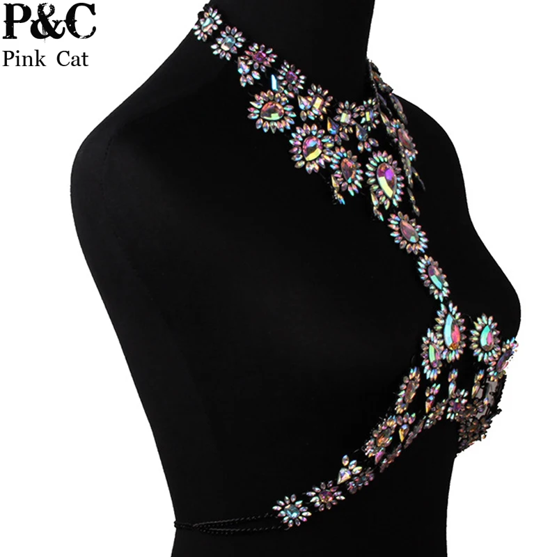 Holographic Crystal Rhinestone Festival Rave Body Jewelry Burning man Costumes Unique Handmade Baroque Laux Rhinestone Harness