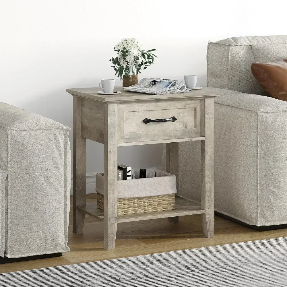 

Grey Nightstands Bedside Table 2-piece Set with Storage Drawers and Shelves, Wooden Bedside Tables