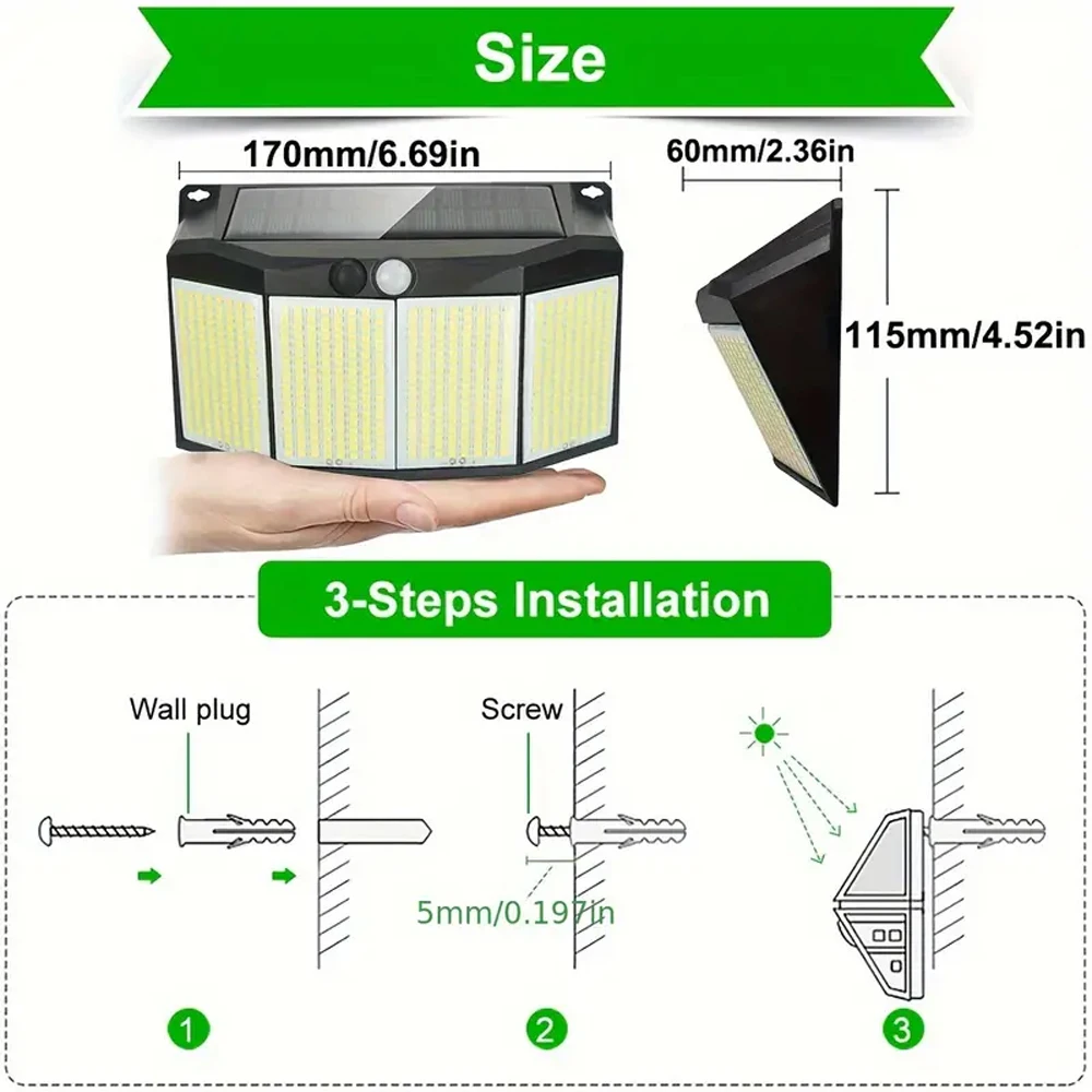 Imagem -06 - Superbright Outdoor Solar Lights Pir Motion Sensor Impermeável Jardim Quintal Pátio Garagem Corredor Villa Parede de Luz Modos 576 Led