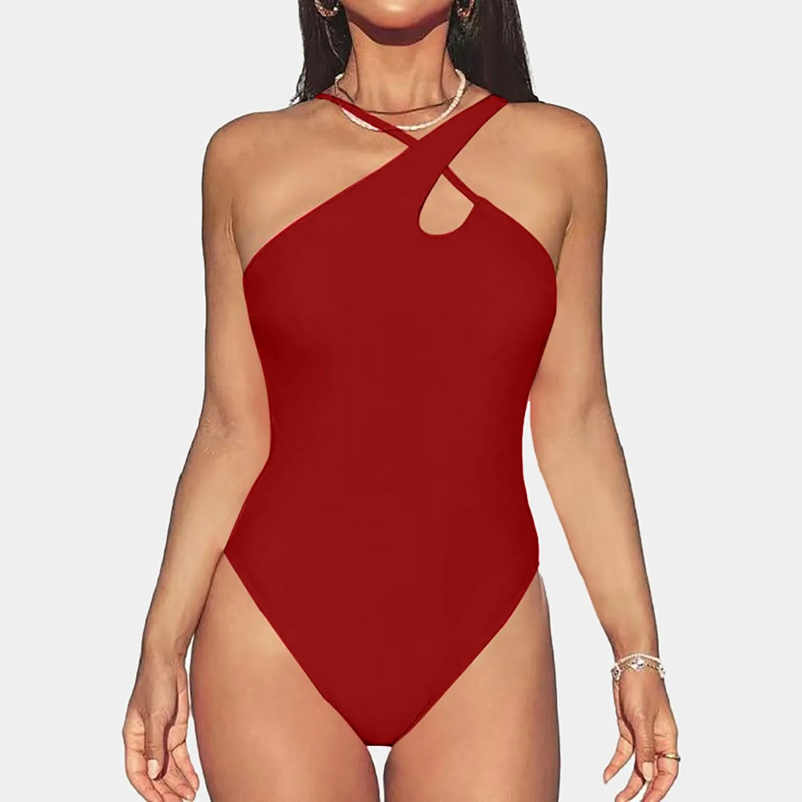 Women'S Single Shoulder Swimwears Bodysuit Sexy Solid Color Swimming Pool Red Bikini Set Ladies Sexy Bather Bathing Suit Swim