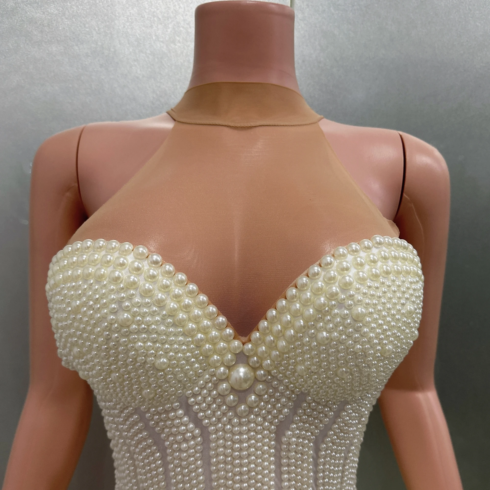 Luxury Pearls Beading Sexy Halter Backless Bodysuit Evening Party Performance Costume Bar Nightclub Singer Dancer Stage Wear