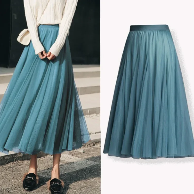 

Юбки женские с сетчатыми складками корейская мода большие качели для танцев марлевые женские однотонные шикарные средней длины Fairycore сладкая весна популярные Ins