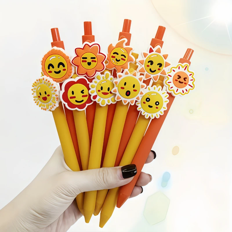 

6pcs/12pcs Sunlight Sun Theme Pattern Sticker Pens Warm Tone Series Clicker Rollerball Pens for Study and Office Use
