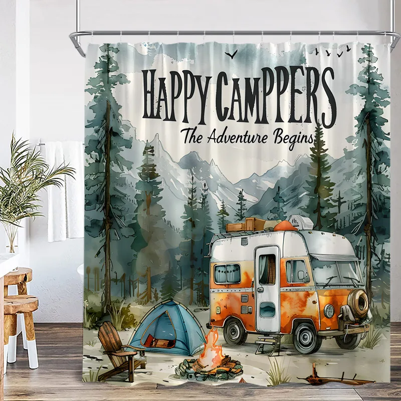 Vintage Camping Shower Curtains Abstract Mountain Camper Forest Scenery Polyester Fabric Home Bathroom Curtain Decor with Hooks