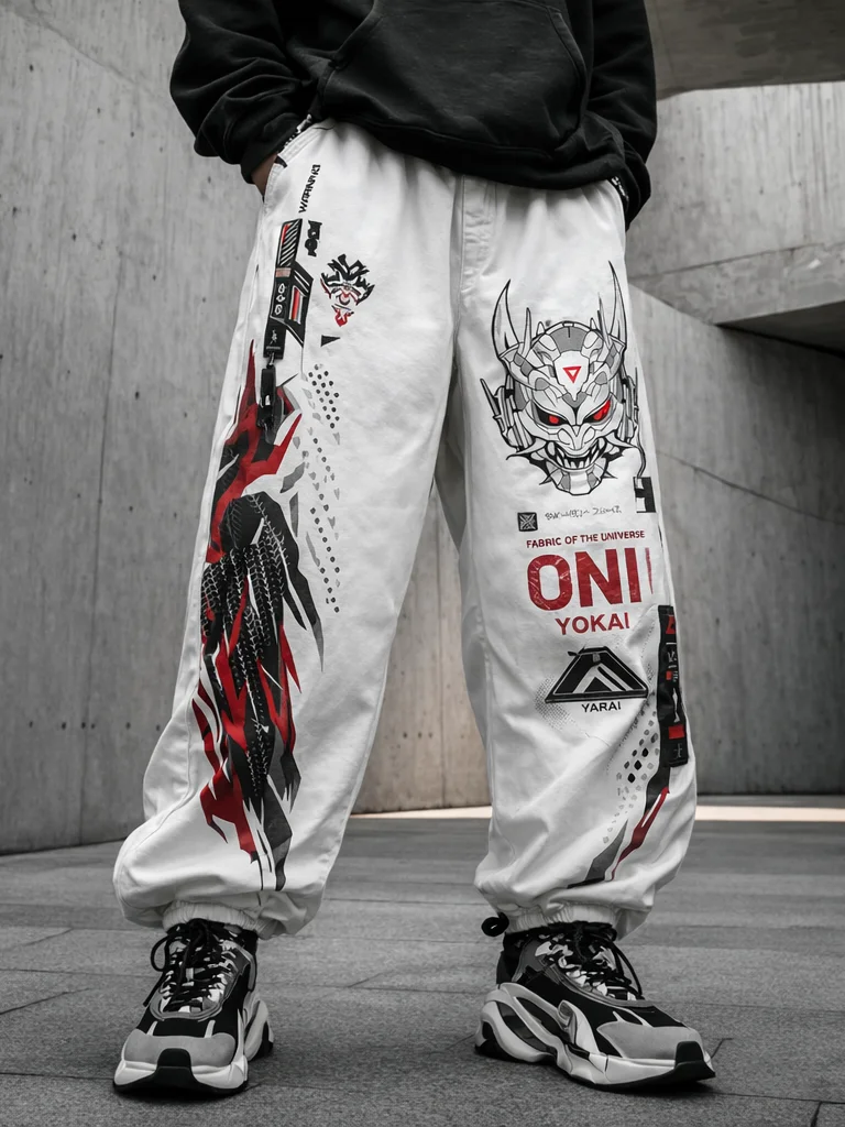 2026 New Cyberpunk Ghost Mask Pattern Sports Sweatpants, Red and White Tech-Style Loose Casual Sweatpants, Hip Hop Streetwear