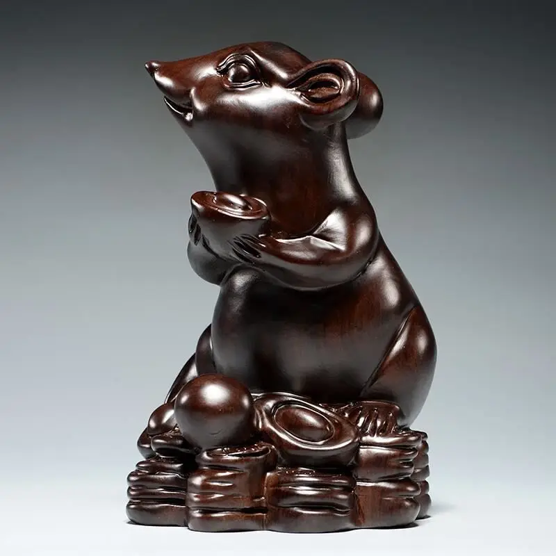 Handcarved Ebony Rosewood Chinese Zodiac Rat Statue Fengshui Good Lucky Wealth Figure Home Living Room Office Decor Opening Gift