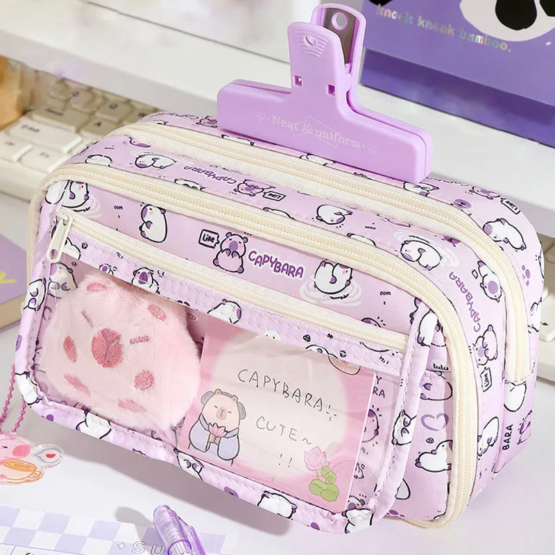 Cartoon Paarse Capybara Potlood Opbergtas Kawaii Pennenbakje Grote Capaciteit Etui School Briefpapier Case Make-up Tas