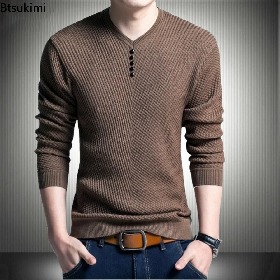 

New Men's V-neck Knitted Sweaters Spring Autumn Long Sleeve Pullovers Fashion Casual Slim Knitwear T-shirts 2025 Men's Clothing